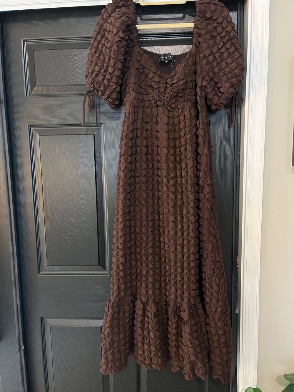 Endless Rose Chocolate Brown Textured Puff-Sleeve Maxi Dress